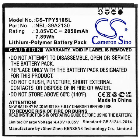 3.85V, Li-Polymer, 2050mAh, SmartPhone battery fits Tp-link, Neffos, Nbl-39a2130, Tp802a, Tp802a-3, 7.89Wh Mobile, SmartPhone Cameron Sino Technology Limited (Smartphone)