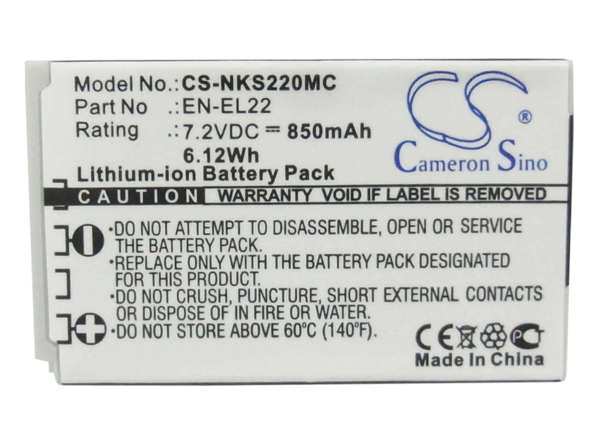 7.2V, Li-ion, 850mAh, Camera battery fits Nikon, En-el22, 1 J4, 1 S2, 6.12Wh Camera Cameron Sino Technology Limited (Camera)