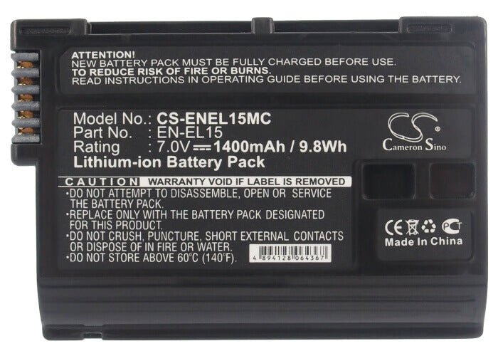 7.0V, Li-ion, 1400mAh, Camera battery fits Nikon, En-el15, 1 V1, Coolpix D7000, 9.8Wh Camera Cameron Sino Technology Limited (Camera)