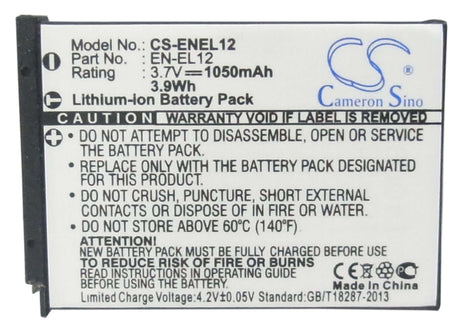 3.7V, Li-ion, 1050mAh, Camera battery fits Nikon, En-el12, Coolpix Aw100s, Coolpix S1000pj, 3.885Wh Camera Cameron Sino Technology Limited (Camera)