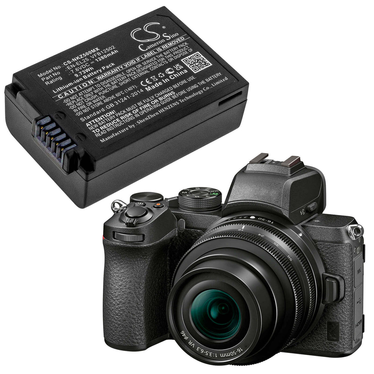 7.6V, Li-ion, 1280mAh, Camera battery fits Nikon, En-el25, Z Fc Mirrorless, Z30, 9.728Wh Camera Cameron Sino Technology Limited (Camera)