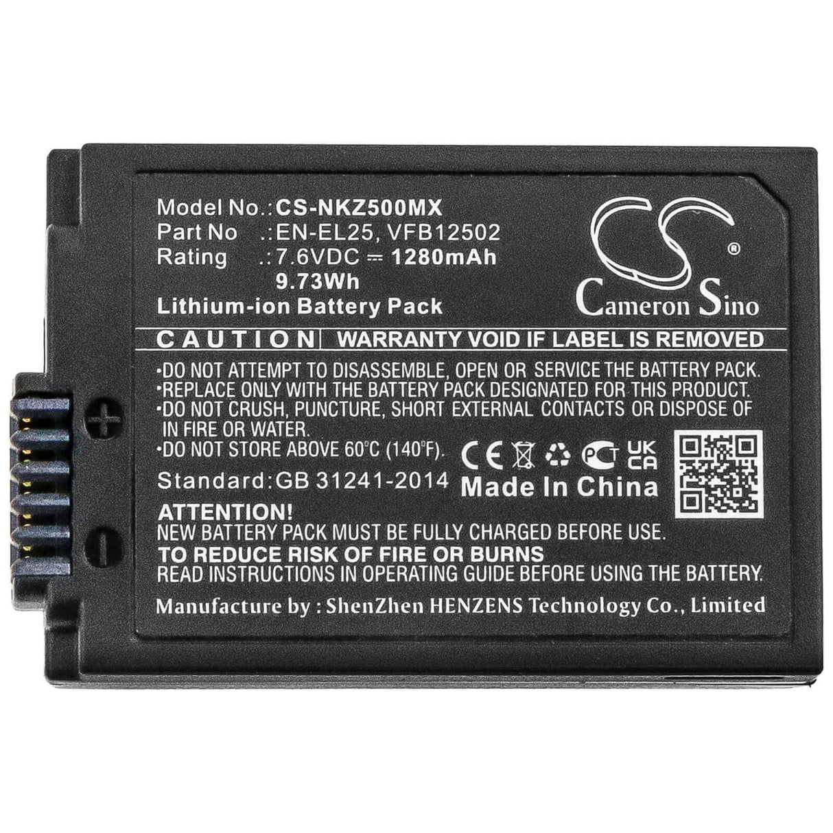 7.6V, Li-ion, 1280mAh, Camera battery fits Nikon, En-el25, Z Fc Mirrorless, Z30, 9.728Wh Camera Cameron Sino Technology Limited (Camera)