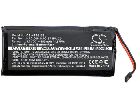 3.7V, Li-Polymer, 450mAh, Game Console battery fits Nintendo, Hac-006, Hac-015, Hac-016, 1.67Wh Game Console Cameron Sino Technology Limited