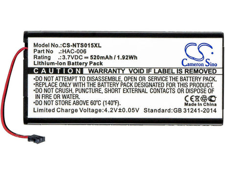 3.7V, Li-ion, 520mAh, Game Console battery fits Nintendo, Hac-006, Hac-015, Hac-016, 1.92Wh Game Console Cameron Sino Technology Limited