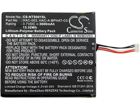 3.7V, Li-Polymer, 3600mAh, Game Console battery fits Nintendo, Hac-003, Hac-s-jp/eu-c0, Switch Hac-001, 13.32Wh Game Console Cameron Sino Technology Limited
