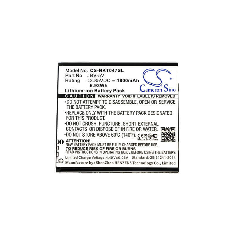 3.85V, Li-ion, 1800mAh, SmartPhone battery fits Nokia, Bv-5v, 1, Ta-1047, 6.93Wh Mobile, SmartPhone Cameron Sino Technology Limited (Smartphone)