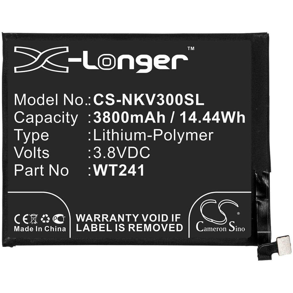 3.8V, Li-Polymer, 3800mAh, SmartPhone battery fits Nokia, Wt241, 3 V, Ta-1153, 14.44Wh Mobile, SmartPhone Cameron Sino Technology Limited (Smartphone)