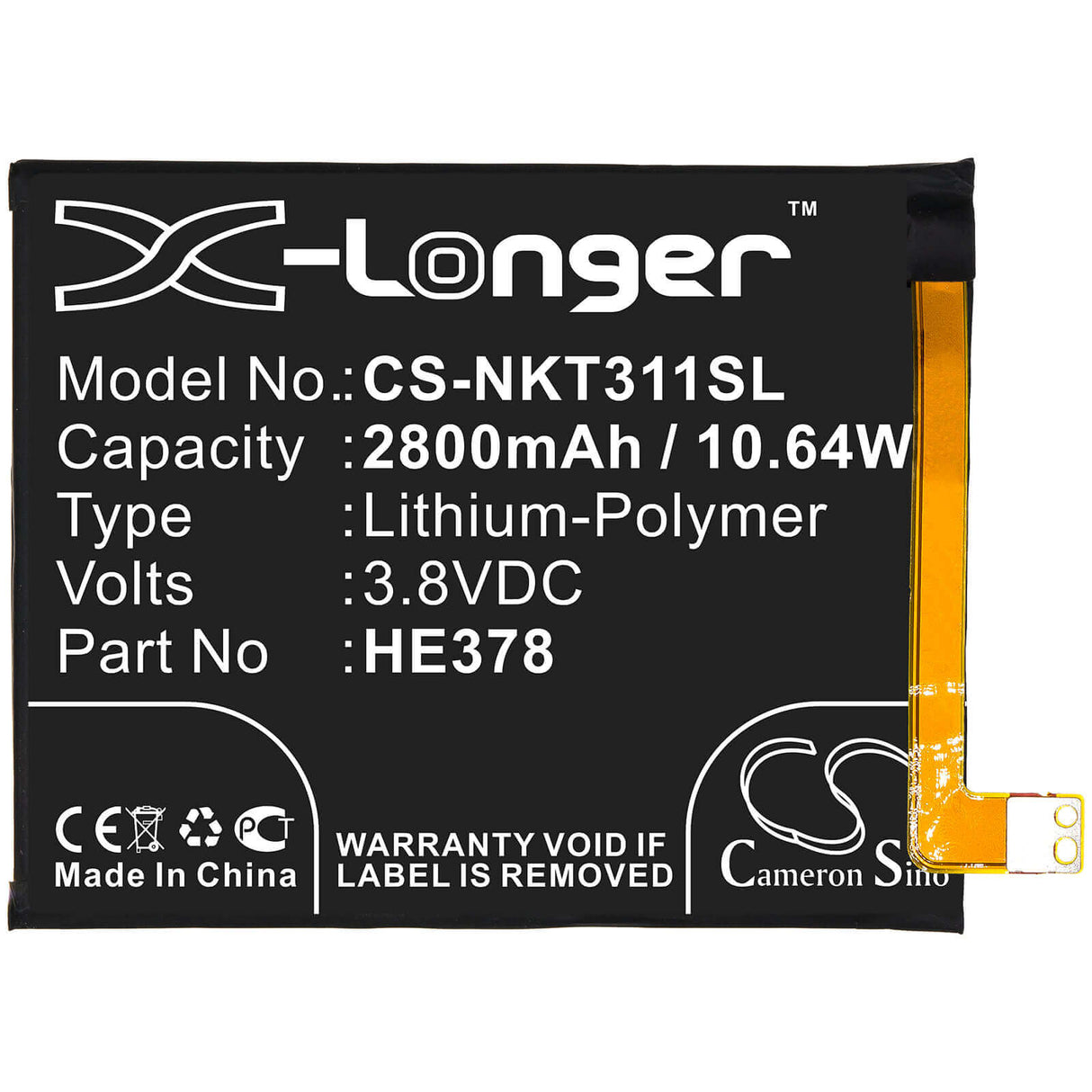 3.8V, Li-Polymer, 2800mAh, SmartPhone battery fits Nokia, He378, 3.1a, Ta1140, 10.64Wh Mobile, SmartPhone Cameron Sino Technology Limited (Smartphone)