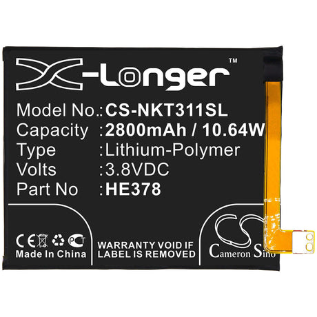 3.8V, Li-Polymer, 2800mAh, SmartPhone battery fits Nokia, He378, 3.1a, Ta1140, 10.64Wh Mobile, SmartPhone Cameron Sino Technology Limited (Smartphone)