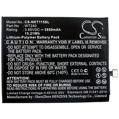 3.85V, Li-Polymer, 3950mAh, SmartPhone battery fits Nokia, Wt240, 3.2, Ta-1154, 15.21Wh Mobile, SmartPhone Cameron Sino Technology Limited (Smartphone)