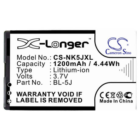 3.7V, Li-ion, 1200mAh, SmartPhone battery fits Nokia, Bl-5j, 5230, 5800, 4.44Wh Mobile, SmartPhone Cameron Sino Technology Limited (Smartphone)