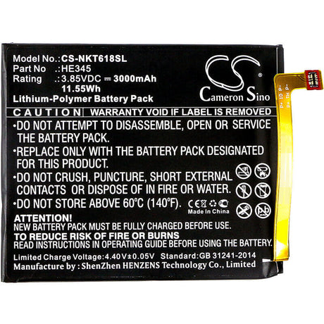 3.85V, Li-Polymer, 3000mAh, SmartPhone battery fits Nokia, He345, 6 2018, 6 2nd, 11.55Wh Mobile, SmartPhone Cameron Sino Technology Limited (Smartphone)