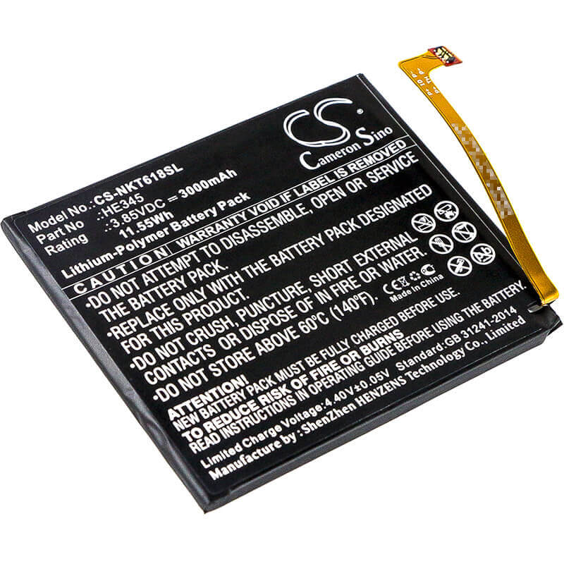 3.85V, Li-Polymer, 3000mAh, SmartPhone battery fits Nokia, He345, 6 2018, 6 2nd, 11.55Wh Mobile, SmartPhone Cameron Sino Technology Limited (Smartphone)