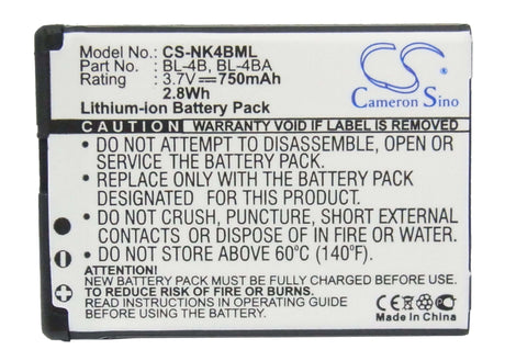 3.7V, Li-ion, 750mAh, SmartPhone battery fits Nokia, Bl-4b, 1606, 2505, 2.78Wh Mobile, SmartPhone Cameron Sino Technology Limited (Smartphone)