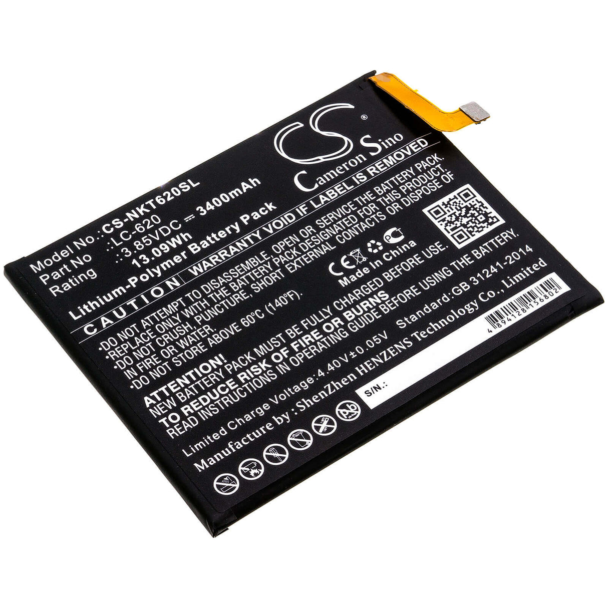 3.85V, Li-Polymer, 3400mAh, SmartPhone battery fits Nokia, Lc-620, 6.2, 13.09Wh Mobile, SmartPhone Cameron Sino Technology Limited (Smartphone)