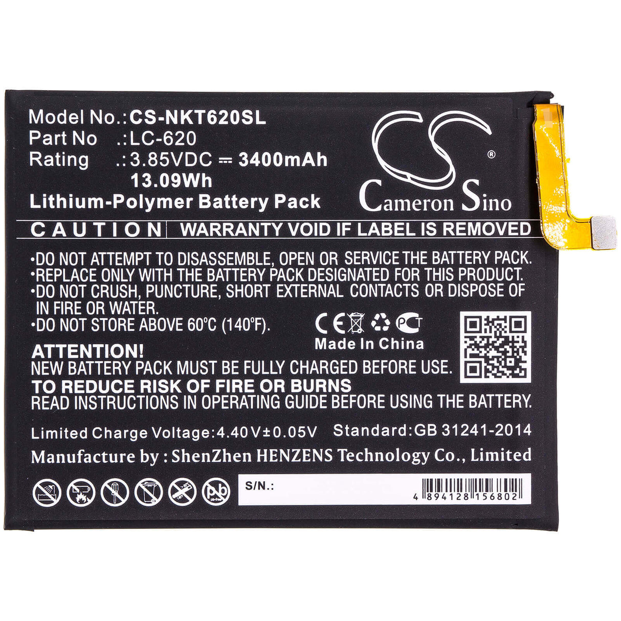 3.85V, Li-Polymer, 3400mAh, SmartPhone battery fits Nokia, Lc-620, 6.2, 13.09Wh Mobile, SmartPhone Cameron Sino Technology Limited (Smartphone)