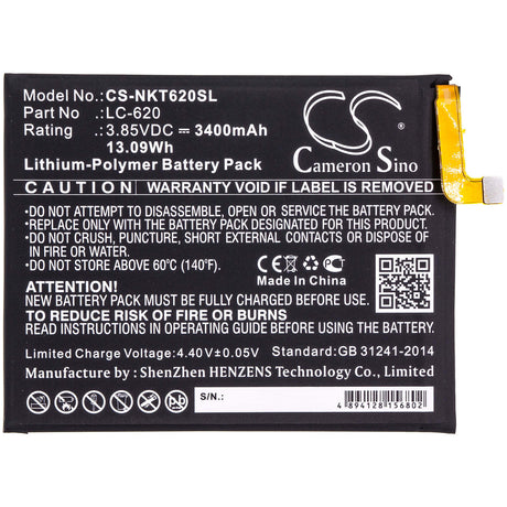 3.85V, Li-Polymer, 3400mAh, SmartPhone battery fits Nokia, Lc-620, 6.2, 13.09Wh Mobile, SmartPhone Cameron Sino Technology Limited (Smartphone)