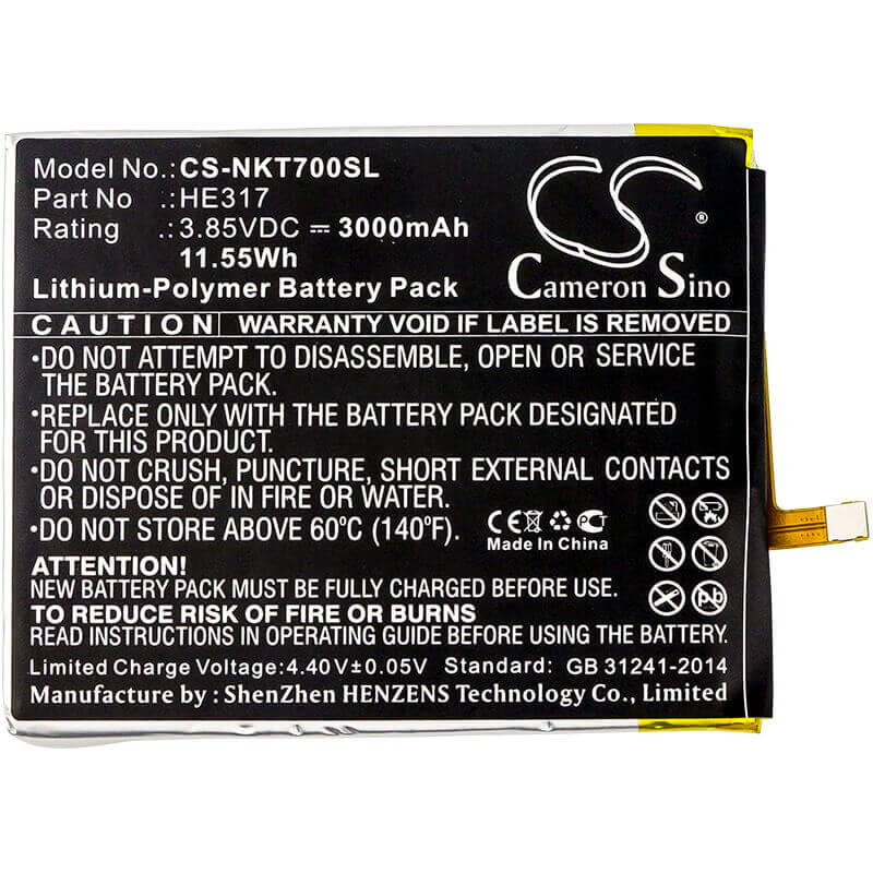 3.85V, Li-Polymer, 3000mAh, SmartPhone battery fits Nokia, He317, 7, 7 Premium Edition, 11.55Wh Mobile, SmartPhone Cameron Sino Technology Limited (Smartphone)