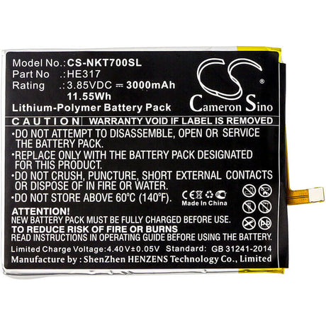 3.85V, Li-Polymer, 3000mAh, SmartPhone battery fits Nokia, He317, 7, 7 Premium Edition, 11.55Wh Mobile, SmartPhone Cameron Sino Technology Limited (Smartphone)