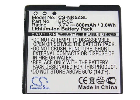 3.7V, Li-ion, 800mAh, SmartPhone battery fits Nokia, Bp-5z, 700, Zeta N700, 2.96Wh Mobile, SmartPhone Cameron Sino Technology Limited (Suspended)