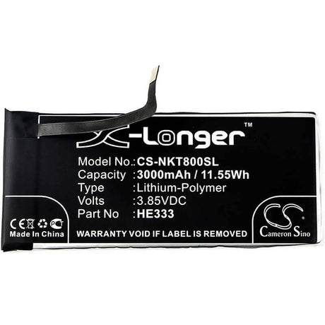 3.85V, Li-Polymer, 3000mAh, SmartPhone battery fits Nokia, He333, 8 Sirocco, 8 Sirocco Global Dual Sim, 11.55Wh Mobile, SmartPhone Cameron Sino Technology Limited (Smartphone)