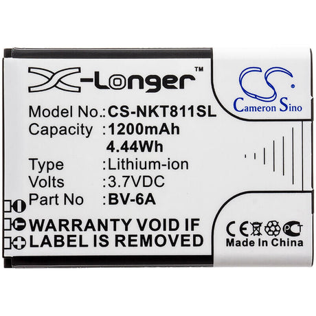 3.7V, Li-ion, 1200mAh, SmartPhone battery fits Nokia, Bv-6a, 2720, 8110 4g, 4.44Wh Mobile, SmartPhone Cameron Sino Technology Limited (Smartphone)