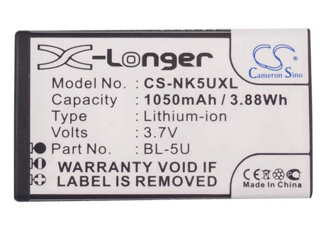 3.7V, Li-ion, 1050mAh, SmartPhone battery fits Nokia, Bl-5u, 8800e, 8900e, 3.89Wh Mobile, SmartPhone Cameron Sino Technology Limited (Suspended)