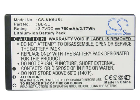3.7V, Li-ion, 750mAh, SmartPhone battery fits Nokia, Bl-5u, 8800e, 8900e, 2.78Wh Mobile, SmartPhone Cameron Sino Technology Limited (Smartphone)