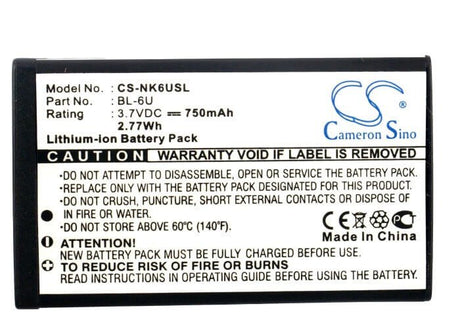 3.7V, Li-ion, 750mAh, SmartPhone battery fits Nokia, Bl-6u, 8820, Erdos, 2.78Wh Mobile, SmartPhone Cameron Sino Technology Limited (Smartphone)
