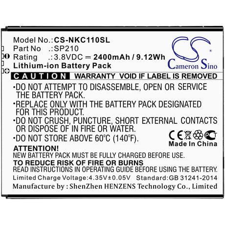 3.8V, Li-ion, 2400mAh, SmartPhone battery fits Nokia, Sp210, C1 Plus, 9.12Wh Mobile, SmartPhone Cameron Sino Technology Limited (Smartphone)