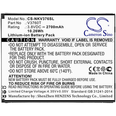 3.8V, Li-ion, 2700mAh, SmartPhone battery fits Nokia, V3760t, C2, V3760t, 10.26Wh Mobile, SmartPhone Cameron Sino Technology Limited (Smartphone)