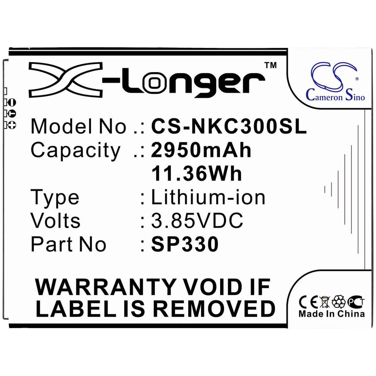 3.85V, Li-ion, 2950mAh, SmartPhone battery fits Nokia, Sp330, C3 2020, 11.36Wh Mobile, SmartPhone Cameron Sino Technology Limited (Smartphone)