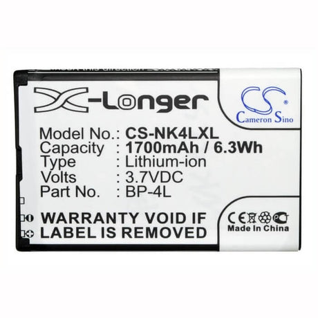 3.7V, Li-ion, 1700mAh, E-book, E-reader battery fits Knmobile, Wexler, Zalip, Ace,Zte, Bp-4l, Caracas, Caracas 2, 6.29Wh E-book, E-reader Cameron Sino Technology Limited