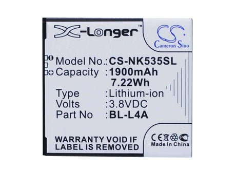 3.8V, Li-ion, 1900mAh, SmartPhone battery fits Nokia, Bl-l4a, Lumia 535, Lumia 535 Dual Sim, 7.22Wh Mobile, SmartPhone Cameron Sino Technology Limited (Suspended)