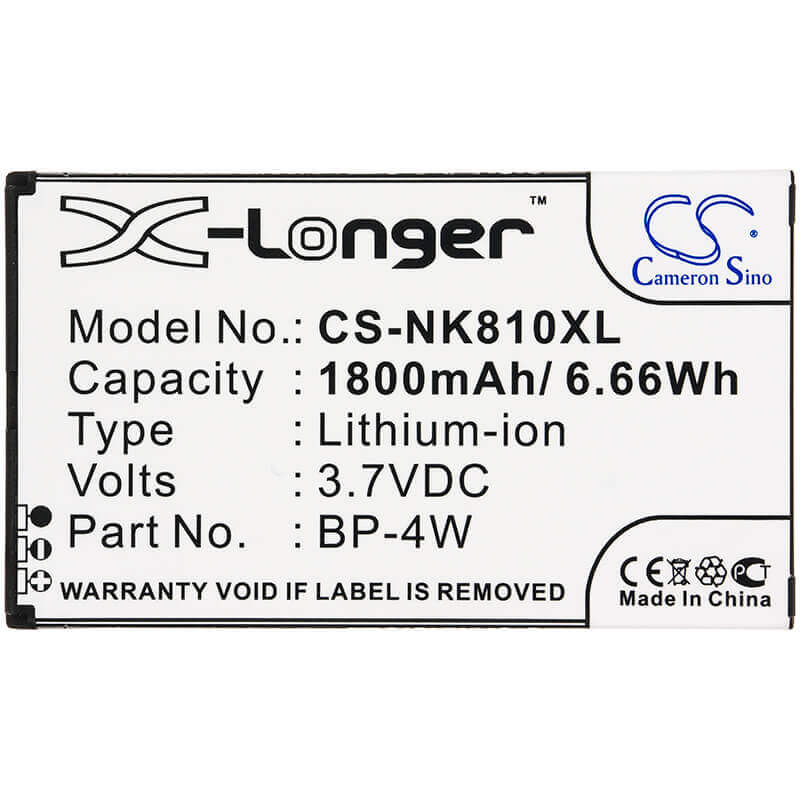 3.7V, Li-ion, 1800mAh, SmartPhone battery fits Nokia, Bp-4w, Lumia 810, Lumia 822, 6.66Wh Mobile, SmartPhone Cameron Sino Technology Limited (Smartphone)