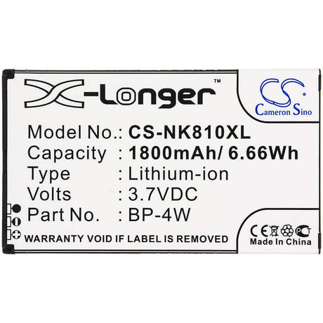3.7V, Li-ion, 1800mAh, SmartPhone battery fits Nokia, Bp-4w, Lumia 810, Lumia 822, 6.66Wh Mobile, SmartPhone Cameron Sino Technology Limited (Smartphone)