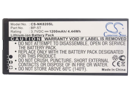 3.7V, Li-ion, 1200mAh, SmartPhone battery fits Nokia, Bp-5t, Arrow, Lumia 820, 4.44Wh Mobile, SmartPhone Cameron Sino Technology Limited (Smartphone)