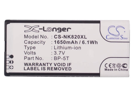 3.7V, Li-ion, 1650mAh, SmartPhone battery fits Nokia, Bp-5t, Arrow, Lumia 820, 6.11Wh Mobile, SmartPhone Cameron Sino Technology Limited (Smartphone)