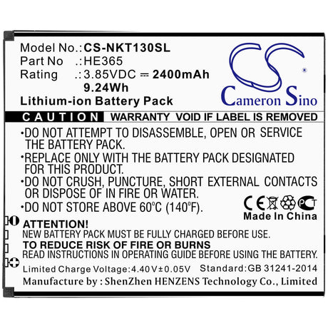 3.85V, Li-ion, 2400mAh, SmartPhone battery fits Nokia, He365, Nokia 1 Plus, Ta-1111, 9.24Wh Mobile, SmartPhone Cameron Sino Technology Limited (Smartphone)