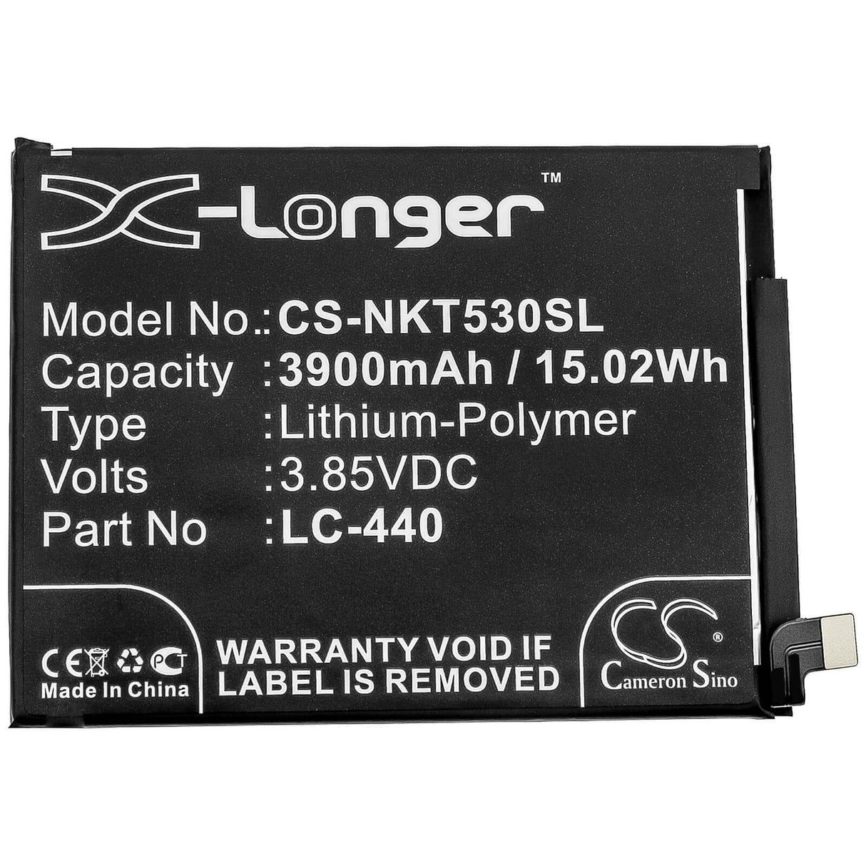 3.85V, Li-Polymer, 3900mAh, SmartPhone battery fits Nokia, Lc-440, Nokia 5.3, Ta-1234, 15.02Wh Mobile, SmartPhone Cameron Sino Technology Limited (Smartphone)
