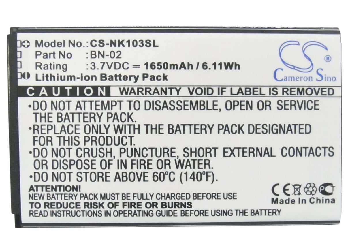 3.7V, Li-ion, 1650mAh, SmartPhone battery fits Nokia, Bn-02, Nokia Xl, Rm-1030, 6.11Wh Mobile, SmartPhone Cameron Sino Technology Limited (Smartphone)