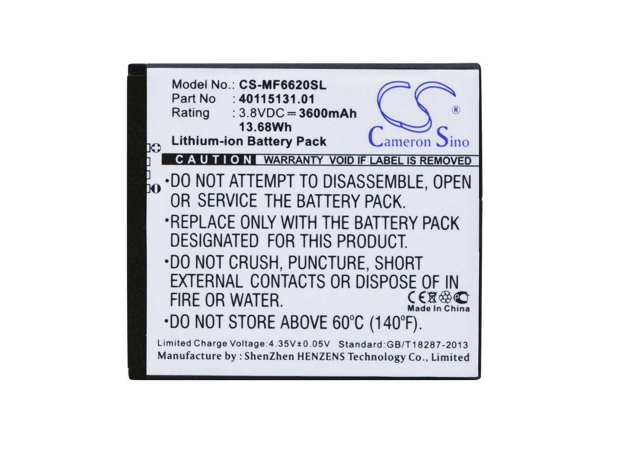 3.8V, Li-ion, 3600mAh, Hotspot battery fits Novatel Wireless, 40115131.01, Jetpack Mifi 6620l, Mifi 6620l, 13.68Wh Hotspot Cameron Sino Technology Limited