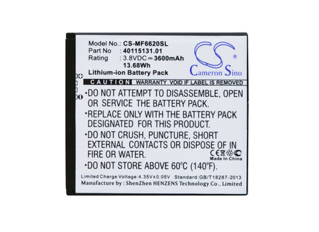 3.8V, Li-ion, 3600mAh, Hotspot battery fits Novatel Wireless, 40115131.01, Jetpack Mifi 6620l, Mifi 6620l, 13.68Wh Hotspot Cameron Sino Technology Limited