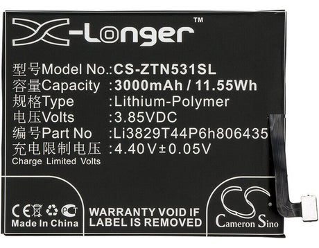 3.85V, Li-Polymer, 3000mAh, SmartPhone battery fits Nubia, Zte, Li3829t44p6h806435, Nx531, Nx531j, 11.55Wh Mobile, SmartPhone Cameron Sino Technology Limited (Smartphone)