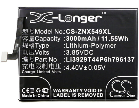 3.85V, Li-Polymer, 3000mAh, SmartPhone battery fits Nubia, Zte, Li3929t44p6h796137, Nx549j, Z11 Mini S, 11.55Wh Mobile, SmartPhone Cameron Sino Technology Limited (Smartphone)