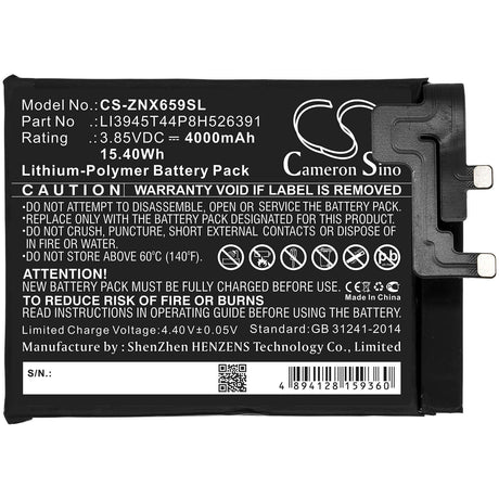 3.85V, Li-Polymer, 4000mAh, SmartPhone battery fits Nubia, Zte, Li3945t44p8h526391, Nx659j, Red Magic 5g, 15.4Wh Mobile, SmartPhone Cameron Sino Technology Limited (Smartphone)