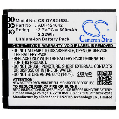 3.7V, Li-ion, 600mAh, SmartPhone battery fits Olympia, Adr424042, Style, Style 2164, 2.22Wh Mobile, SmartPhone Cameron Sino Technology Limited (Suspended)