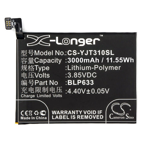 3.85V, Li-Polymer, 3000mAh, SmartPhone battery fits Oneplus, Blp633, 3t, 3t Dual Sim, 11.55Wh Mobile, SmartPhone Cameron Sino Technology Limited (Smartphone)