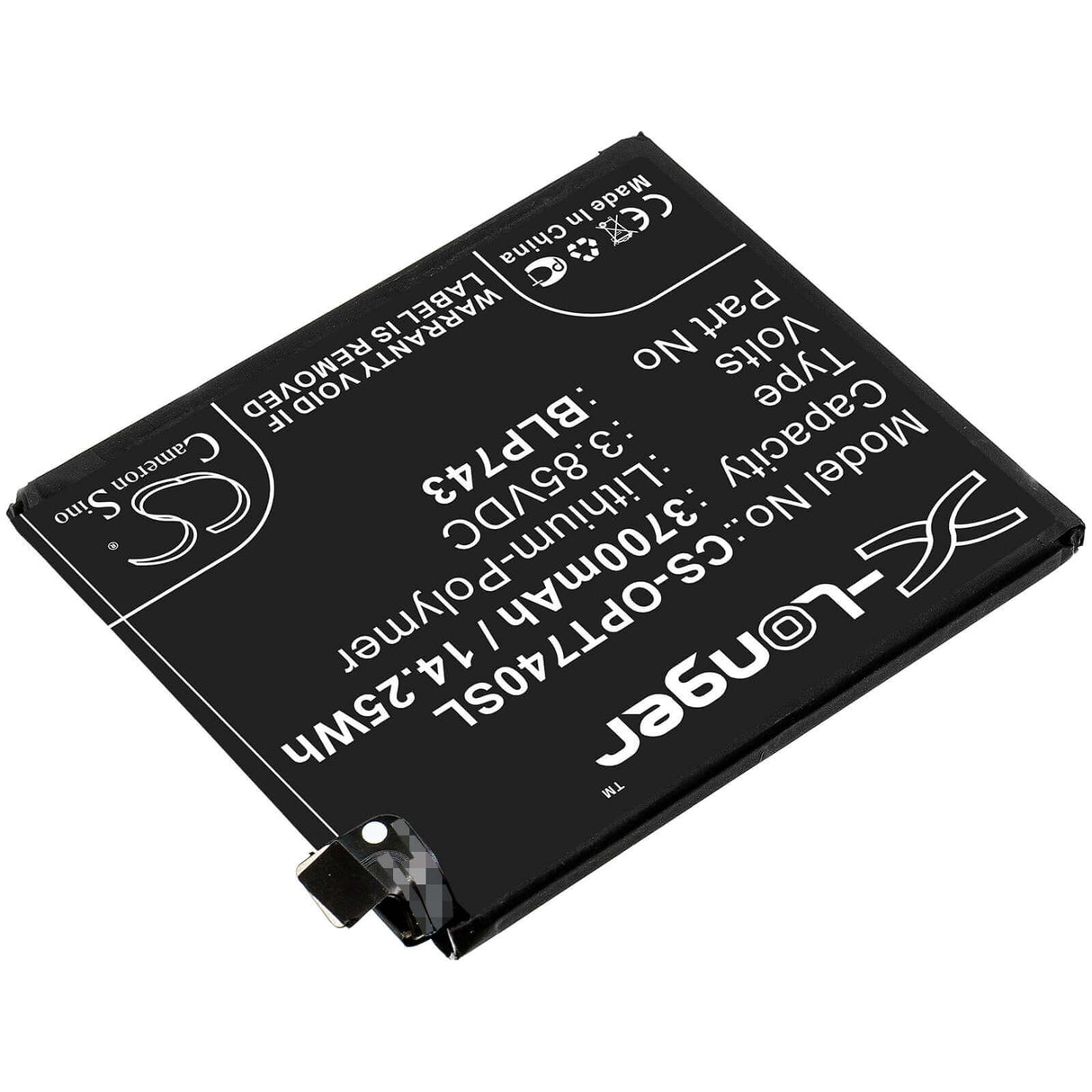 3.85V, Li-Polymer, 3700mAh, SmartPhone battery fits Oneplus, Blp743, 7t, Hd1901, 14.25Wh Mobile, SmartPhone Cameron Sino Technology Limited (Smartphone)