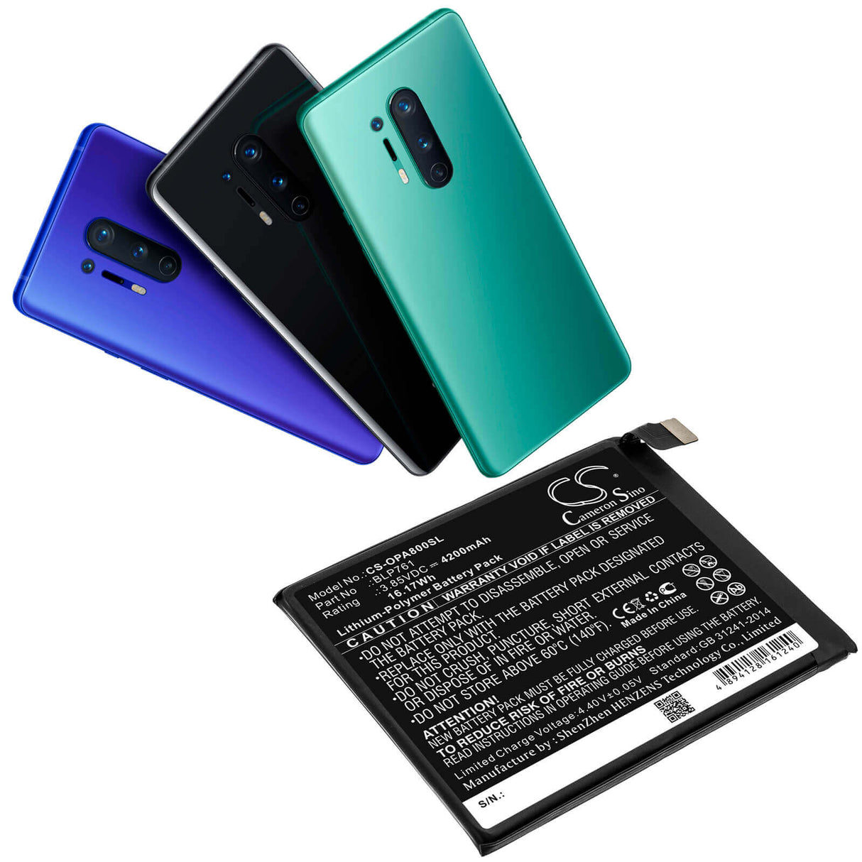3.85V, Li-Polymer, 4200mAh, SmartPhone battery fits Oneplus, Blp761, 8 5g, In2010, 16.17Wh Mobile, SmartPhone Cameron Sino Technology Limited (Smartphone)
